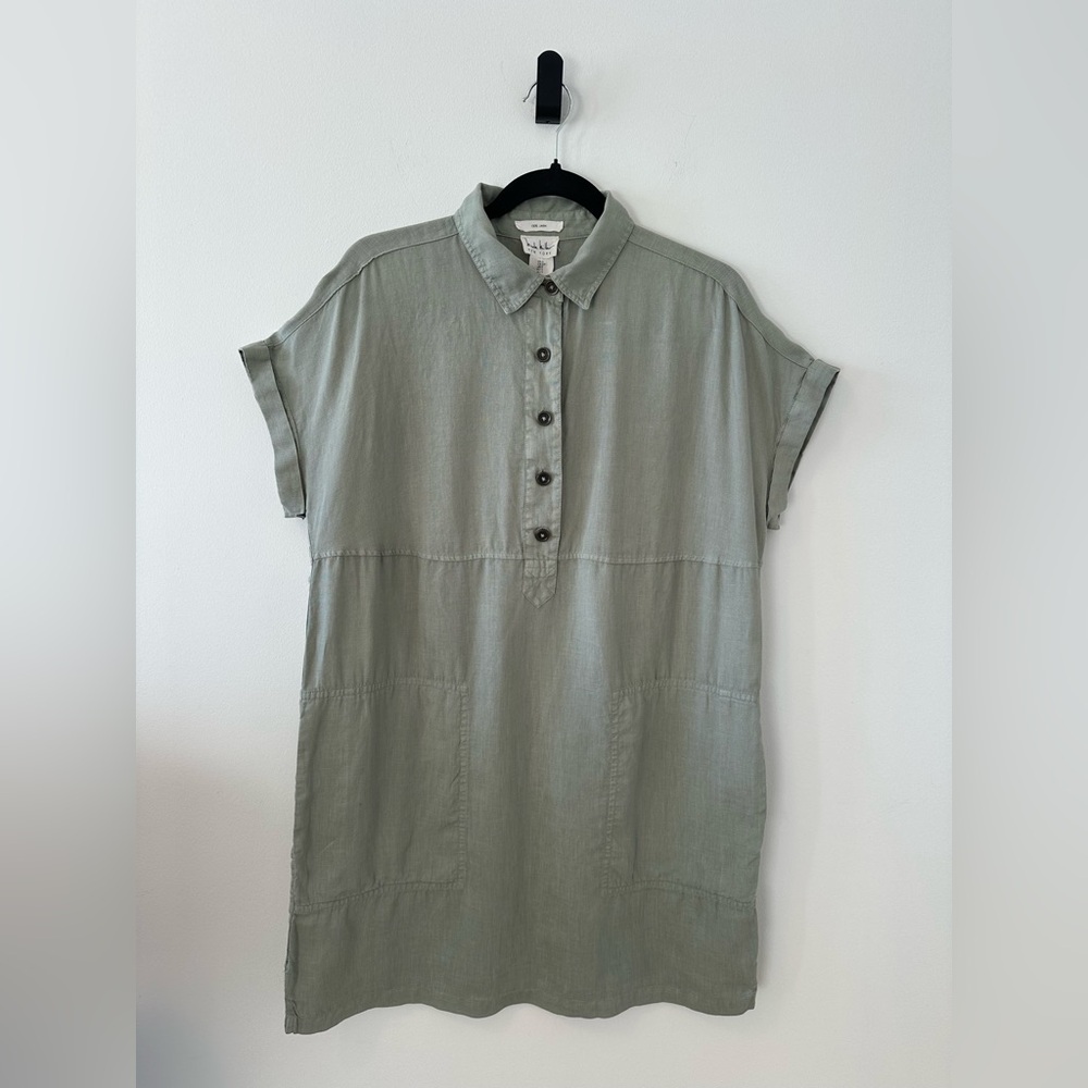 Nicole Miller Womens Sage Green 100% Linen Button-Up Shirt Shirt Dress Size S